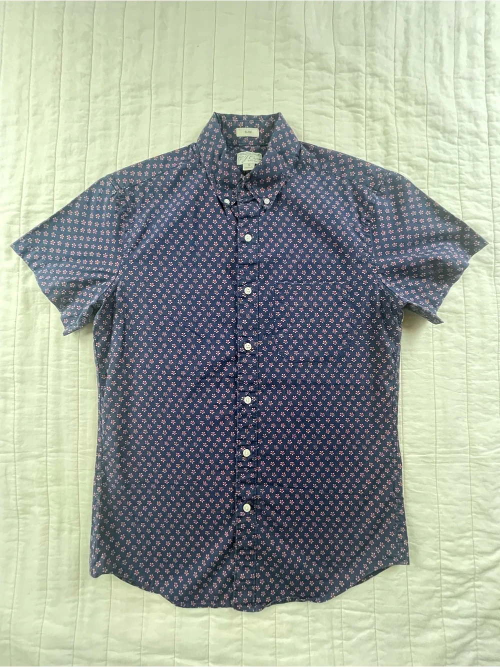 J. Crew Navy Button-Down Shirt with Pink Floral Print Mens Small